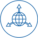Icon of a globe with three arrows pointing away from it within a circle