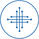 Icon of a grid of lines and circles depicting high-tech within a circle