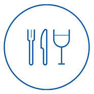 Icon of a wine glass, a fork and a spoon within a circle
