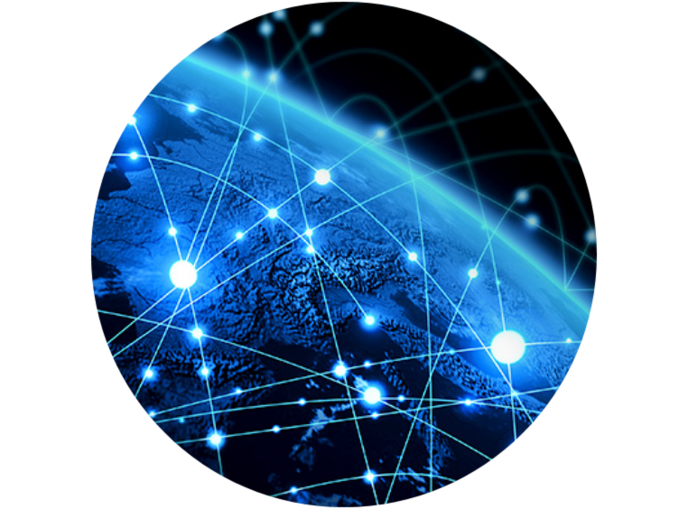 Satellite view of the earth with graphics depicting interconnectivity