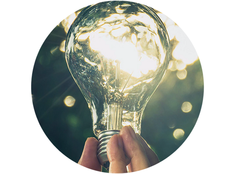 A light-bulb held to the sky with trees in the background
